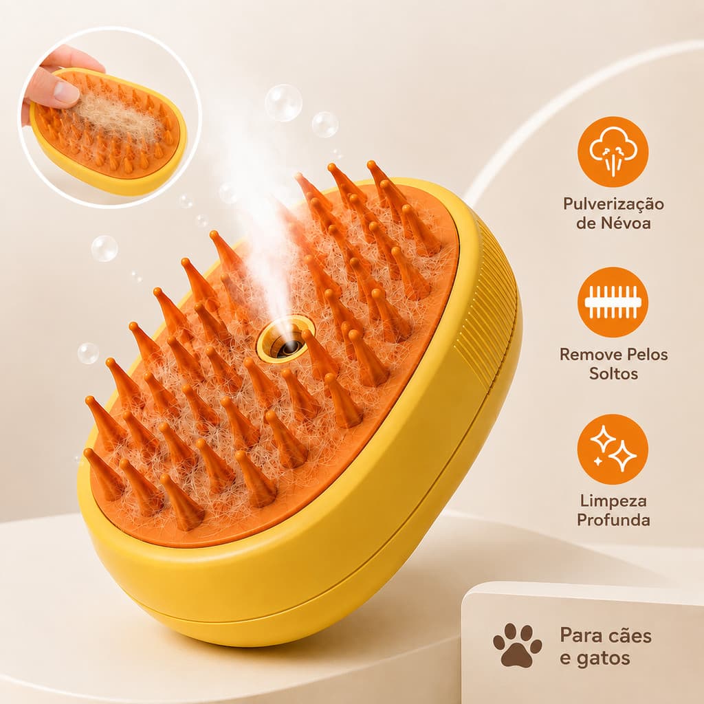 Escova a Vapor 3 em 1 para Gatos e Cachorros Autolimpante Removedor de Pelos Recarregável USB
