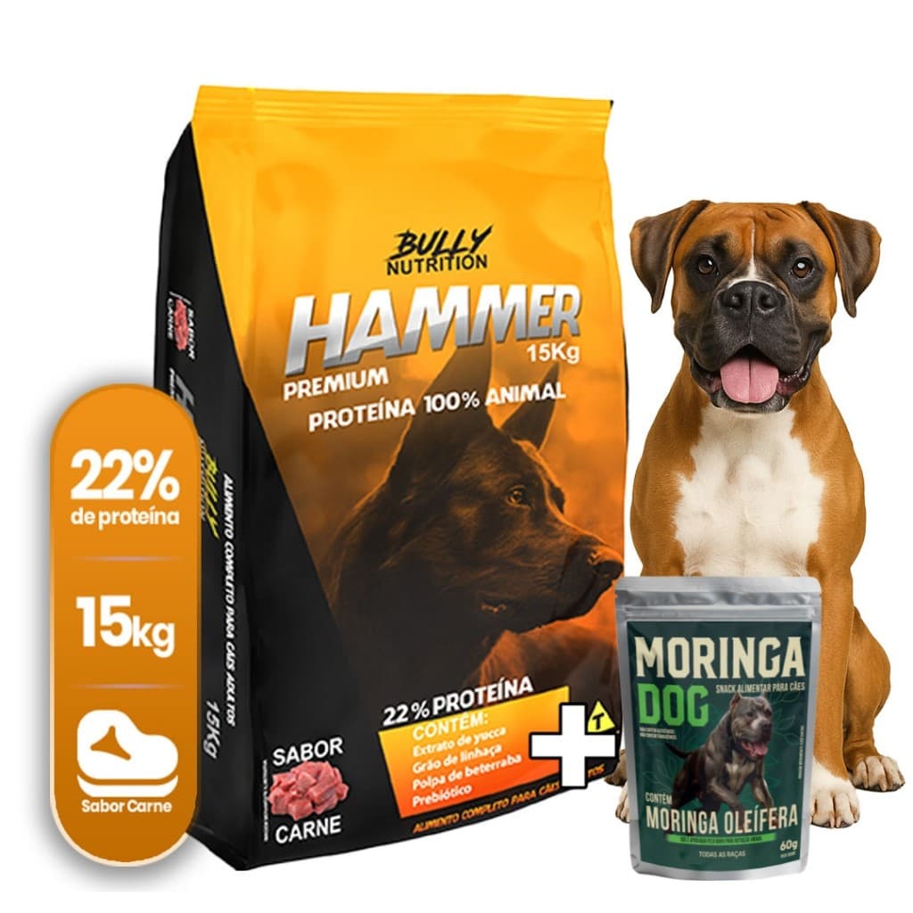 Ração Proteica Para Cachorro Boxer Hammer Premium 15kg+ Moringa Dog 60g
