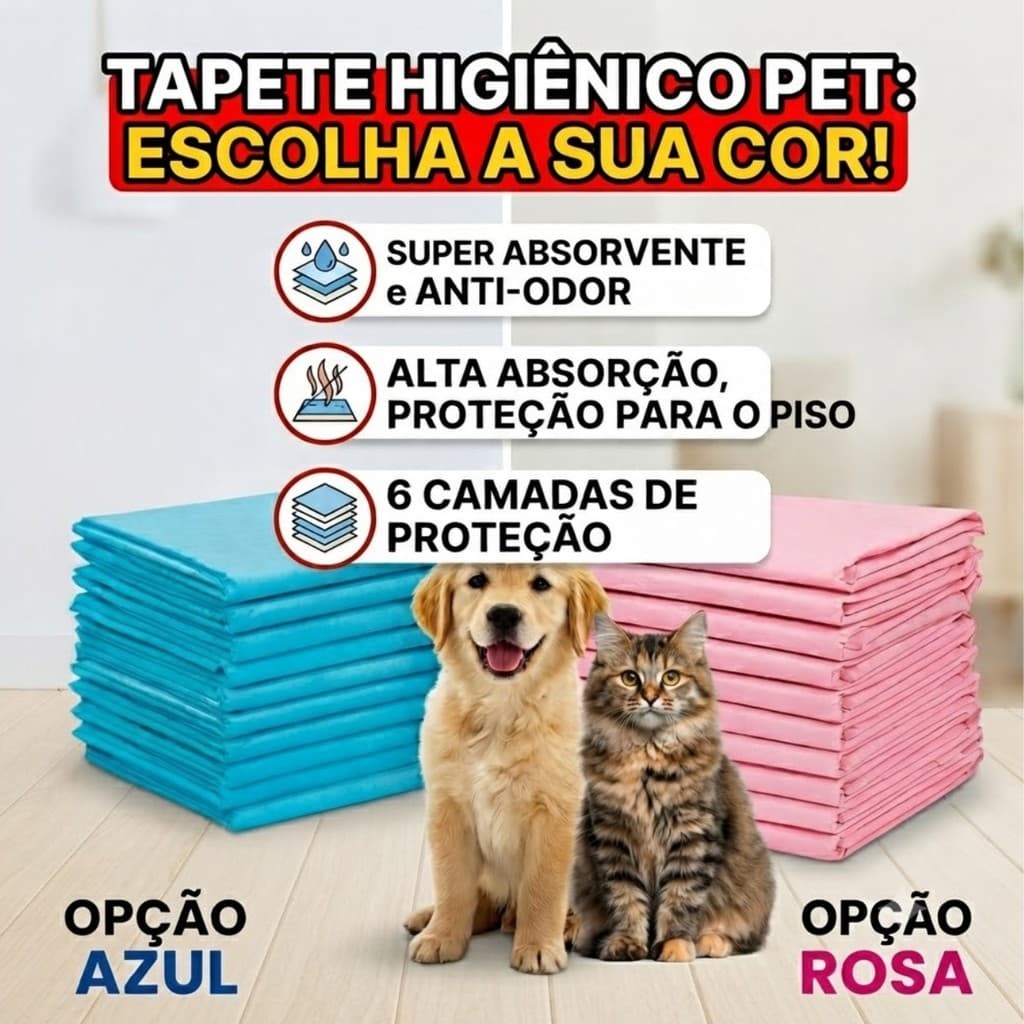 Tapete Higiênico Pet Cães E Gatos 6 Camadas Ultra Absorvente Anti Odor Proteção Piso Cor Azul ou Rosa Pct 30 unidades
