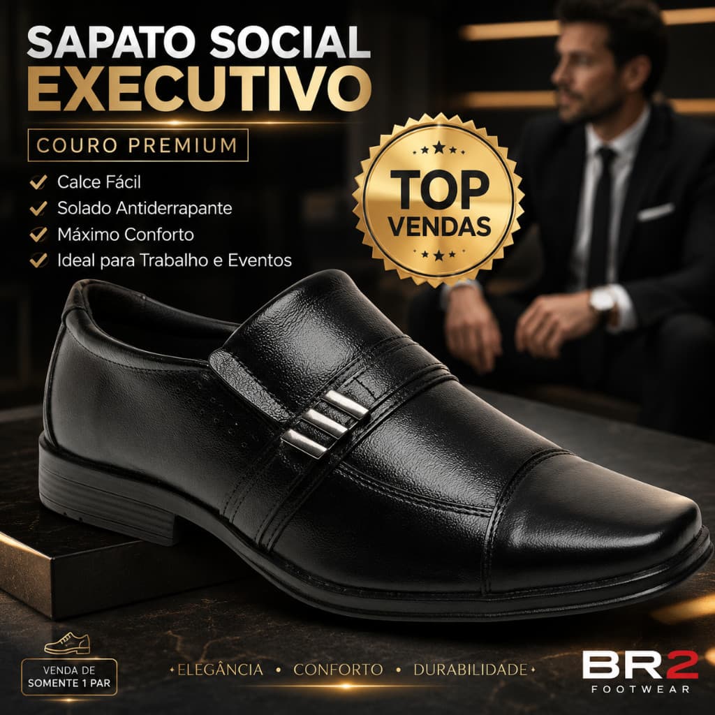 Sapato Social Masculino Couro BR2 Footwear Sem Cadarço Confortável Antiderrapante Bico Quadrado