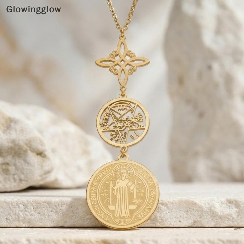 Colar De Proteção Tripla GLW : Nó De Bruxa , Pentagrama E Brilho De Aço Inoxidável Tetragrammaton