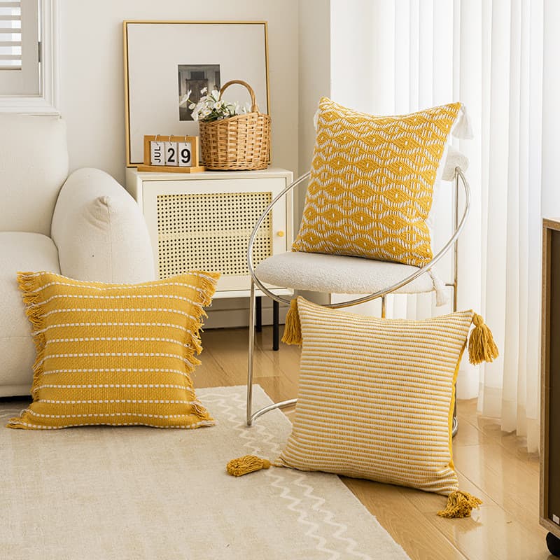 Almofada de luxo estilo Ins para sofá e cama de sala de estar, almofada multiuso com franjas listradas em tons de amarel