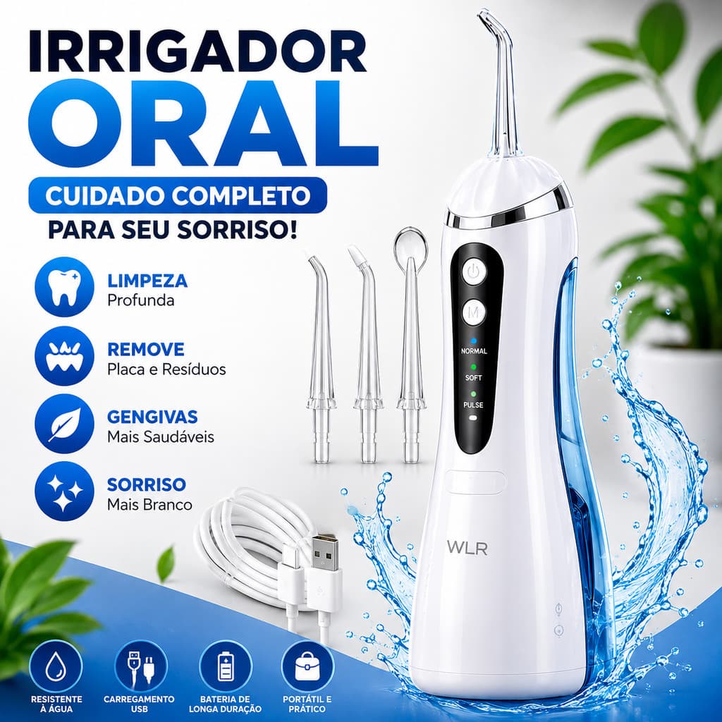 Irrigador Oral Elétrico Fio Dental 300ml Recarregável Portátil Limpador De Dente A Prova Dagua Limpeza Bucal Gengivas