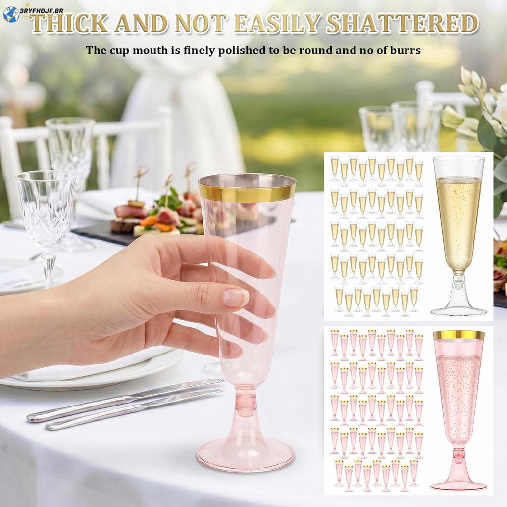 50 Peças Flauta De Champanhe Com Borda Dourada 5oz/150ml Óculos Altos Elegantes De Plástico Transparente SHOPSKC0462