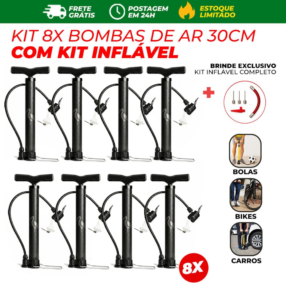 8 Bombas de Ar Manual FBG 30cm Kit com Bicos Adaptadores Para Moto Bike Bola Piscina Boias