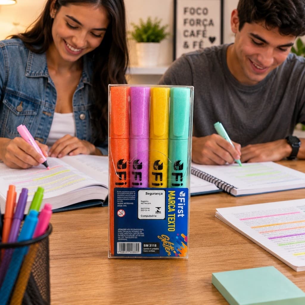 Conjunto 4 Unidades Marca Texto Glitter Colorido Destaque Estudos Riscar Sublinhar Papelaria Pintar