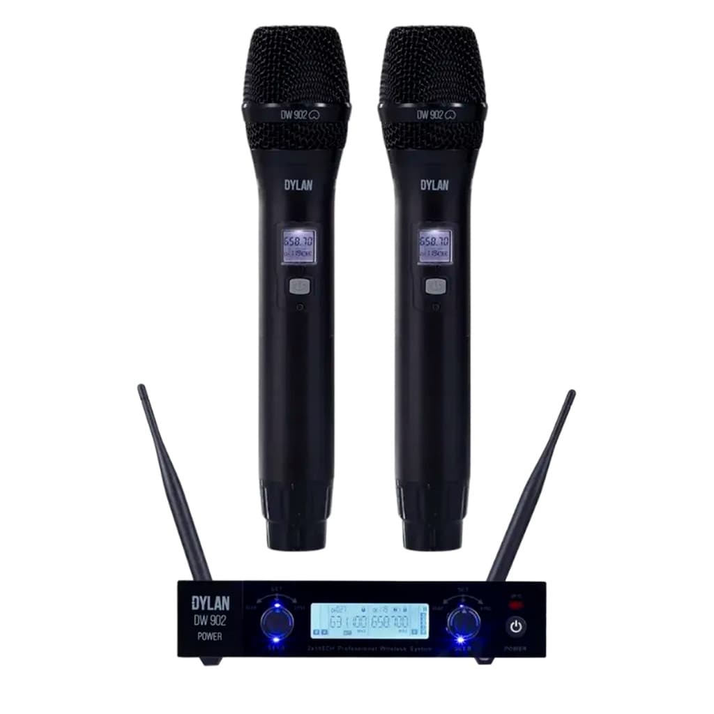 Microfone Sem Fio Duplo Dylan DW-902 Power UHF Bastão Dinâmico