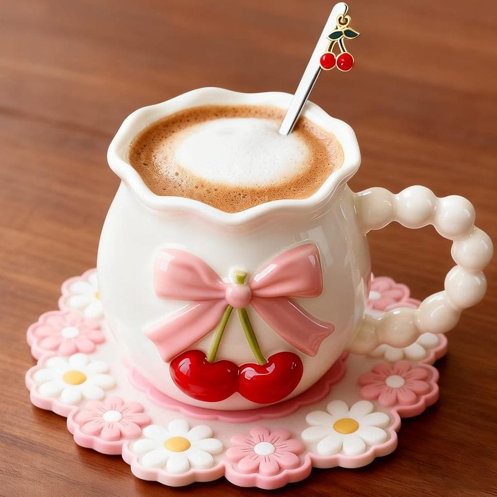 Caneca de Café Bow Cherry Coquette de Porcelana para Café e Chá 11.5 OZ, Cerâmica Branca, Caneca Bonita e Personalizada