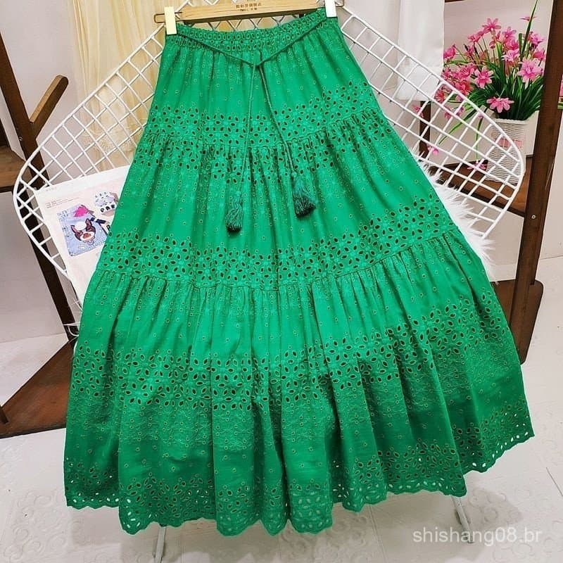[5 Cores] Saia Midi Feminina Elegante Feita De Renda De Algodão Coreano , Cintura Alta Elástica , Ajuste Grande E Fino