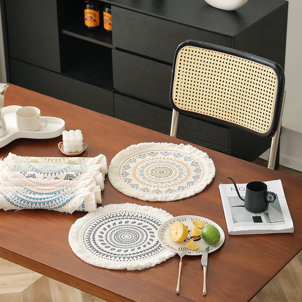 Sousplat redondo de algodão respirável de 33 cm, estilo ocidental, feito de tecido trançado, tapete de mesa simples e mu