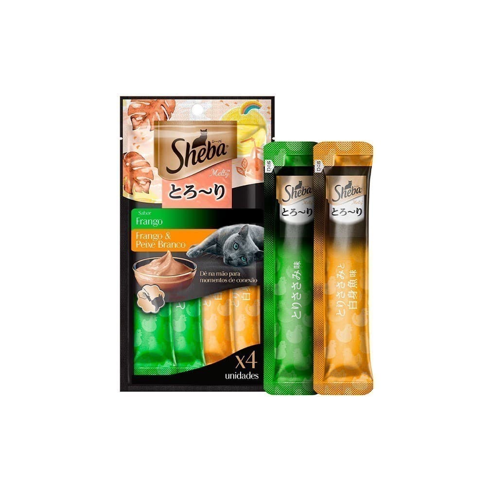 Churu Snack Sheba Cremoso Frango e Peixe Branco com 4 TUBOS 12 gramas.