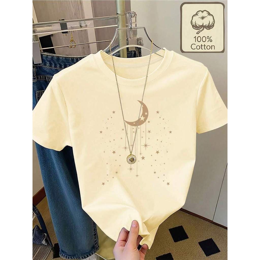 Camiseta Estampa de Lua Crescente e Estrelas ao Redor Confortável e Respirável, Roupas de Verão Femininas