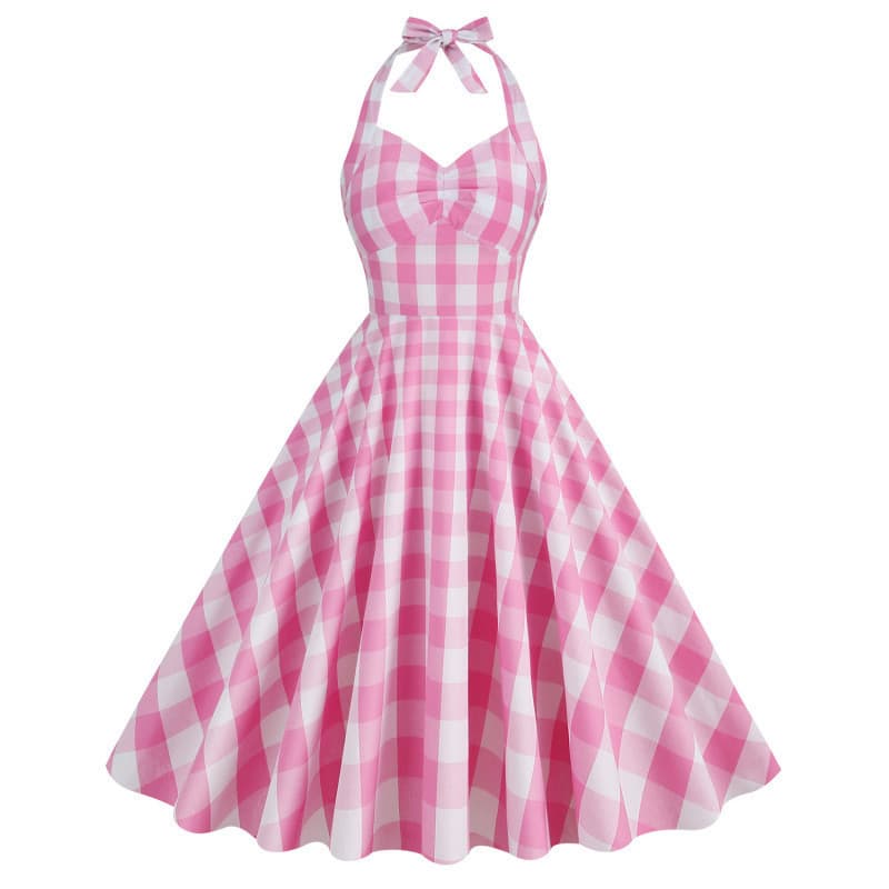 [Novo produto] Hepburn Style British Grid Barbie Rosa Xadrez Espartilho Halter Neck Bainha Grande Vestido Retro de Compr