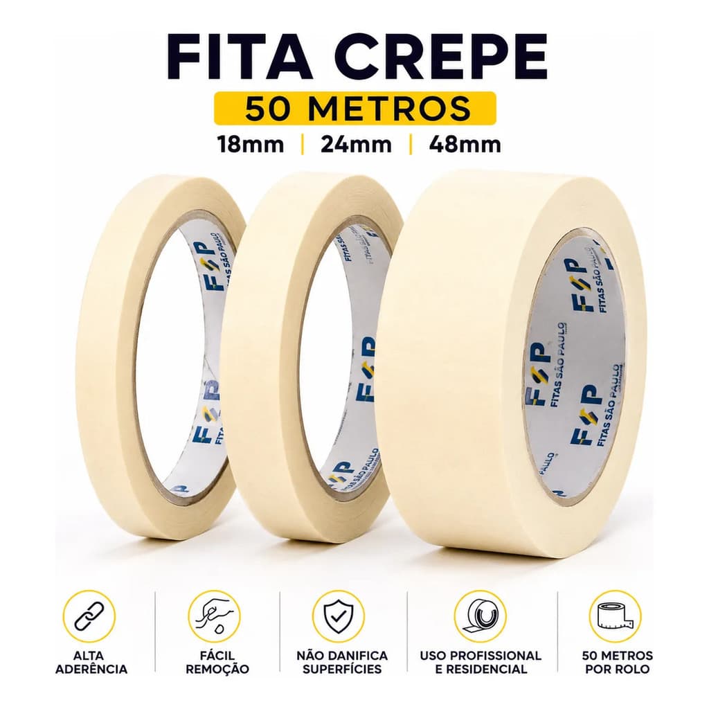 Kit 2 Fita Crepe 50 Metros Alta Aderência 18mm 24mm 48mm Pintura Embalagem Mascaramento Profissional Multiuso