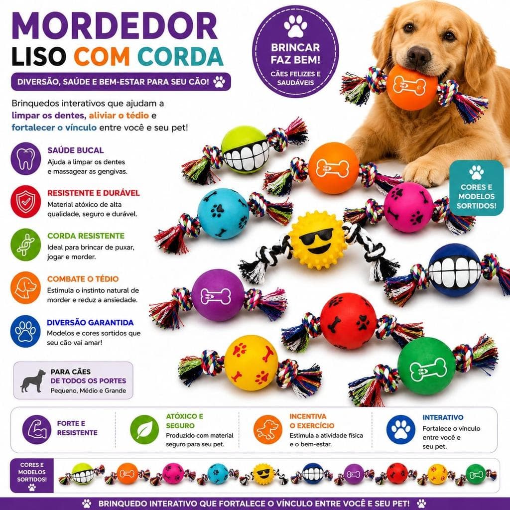 Brinquedo Pet Mordedor Liso com Corda para Cães