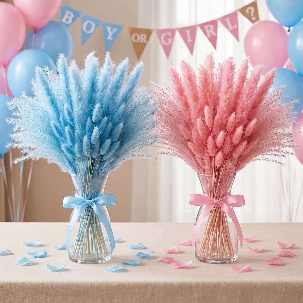 Hoteam 105 Pcs Gender Reveal Decorations Boy or Girl Baby Shower He or She Pink and Blue Pampas Grass, Boho Gender Revea