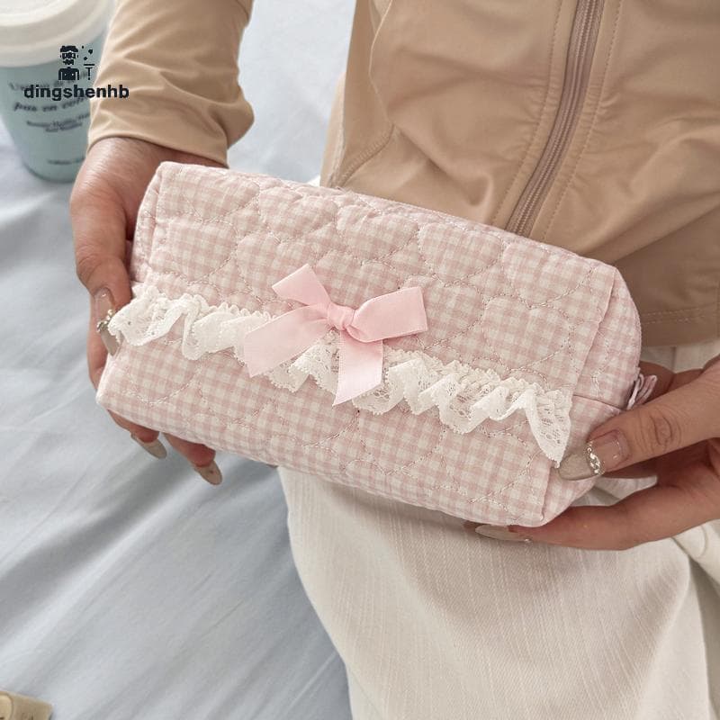 dingshenhb Estojo De Lápis De Renda Alegre Rosa E Azul Design Acolchoado Fofo Organizador De Papelaria De Grande Capacid