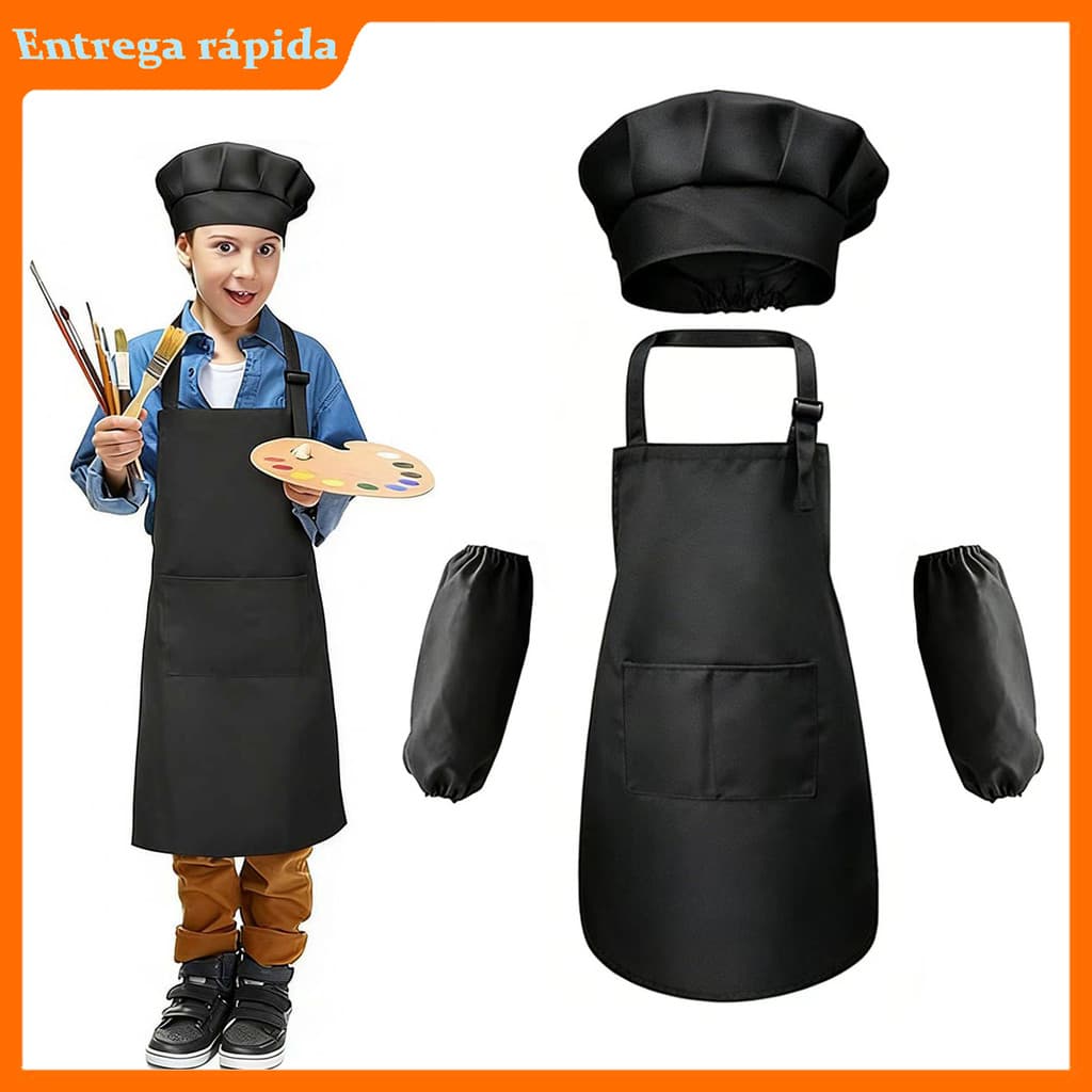 62x46cm Avental Chef Infantil Preto 7 a 13 Anos Alça Regulável 2 Bolsos Chapéu e Mangas Opções de 1 2 ou 3 Kits