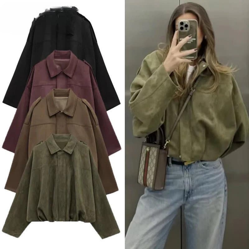 Jaqueta bomber feminina Hxao com lapela, manga longa, zíper, jaqueta de camurça feminina 2025, jaquetas cropped estilo r