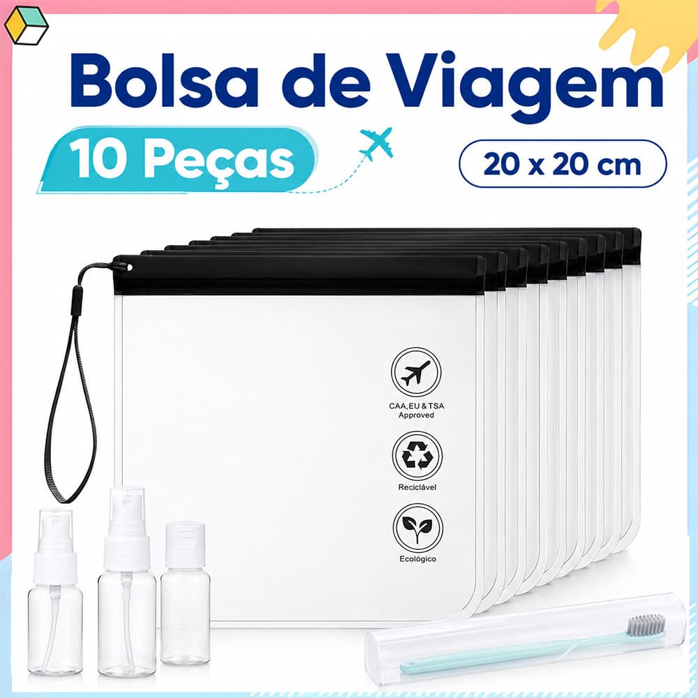 20 x 20 cm Bolsa Transparente de Viagem 10 Peças em EVA Leve Impermeável para Cosméticos Higiene e Acessórios
