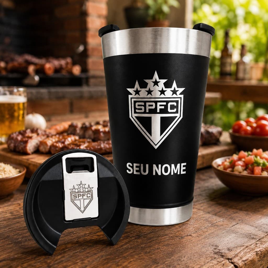 Copo Personalizado Térmico Nome e Time Com Abridor de Garrafa e Tampa