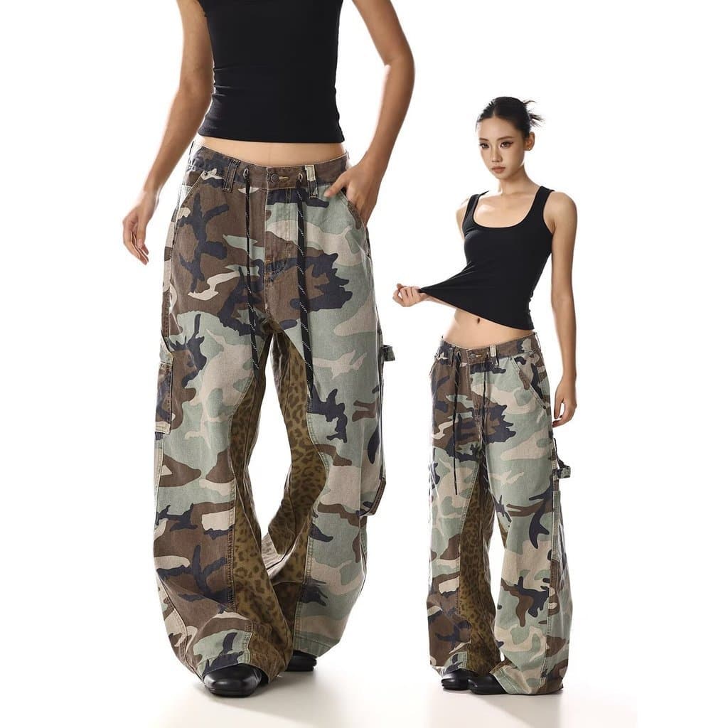 Americano Retro angustiado leopardo impressão costura camuflagem macacão masculino estilo de rua solto em linha reta cal