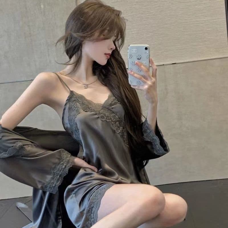 Camisola de renda gelo sedosa Loungewear fino tentador rosto quebrado estilingue pijama camisola dois conjuntos