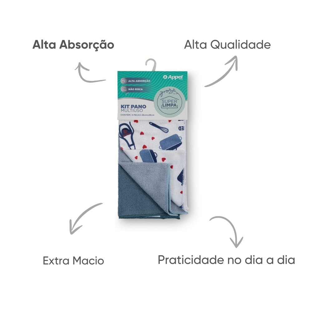 Kit Pano Multiuso 6 peças Microfibra 28cm x 28cm - Appel Home