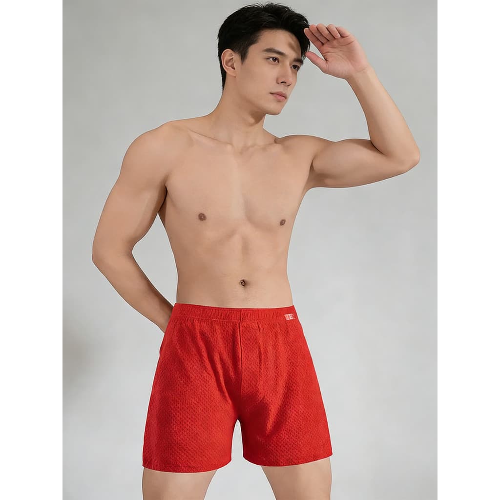 Grande vermelho puro algodão Shorts masculino solto respirável fino calças de três pontos ano novo Benming casa calças e