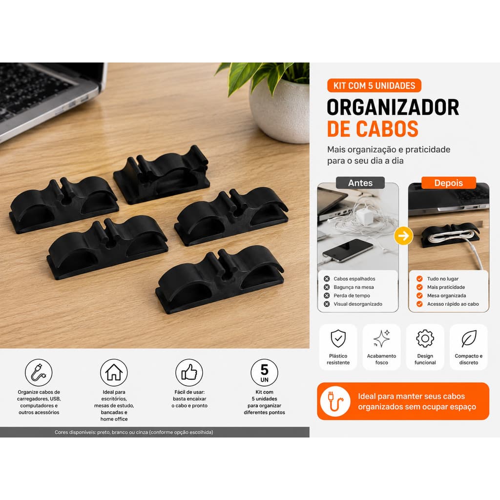 Kit 5 Organizadores de Cabos para Mesa e Escritório