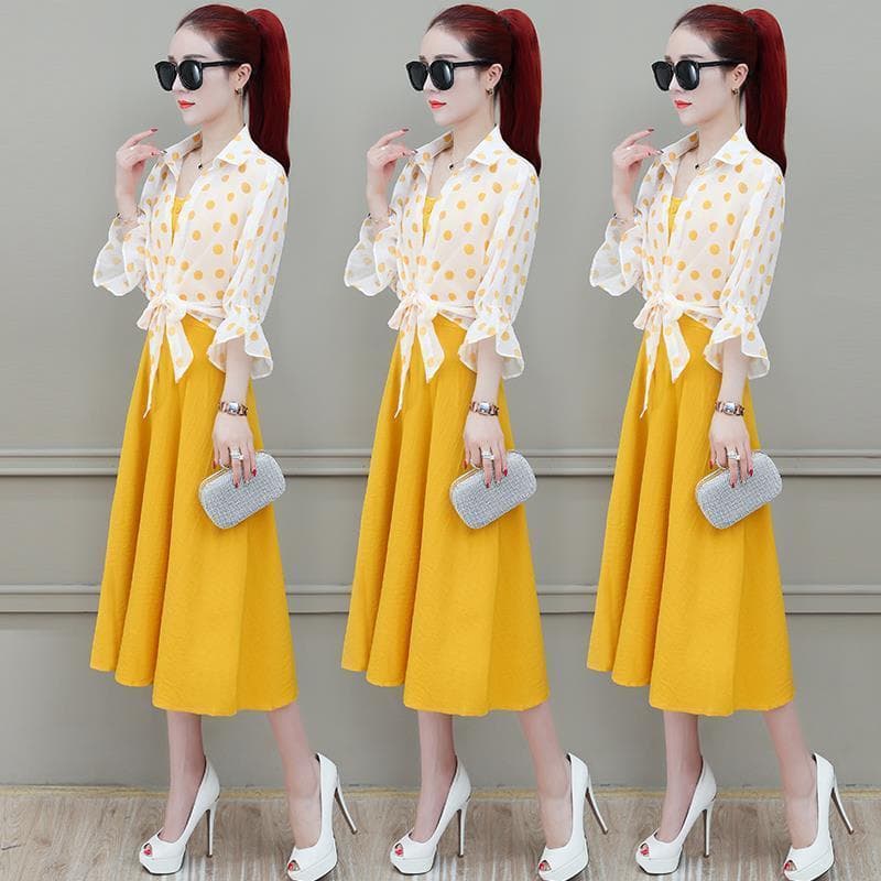 2026 verão novo estilo vestido feminino de comprimento médio vestido estilingue conjunto de duas peças