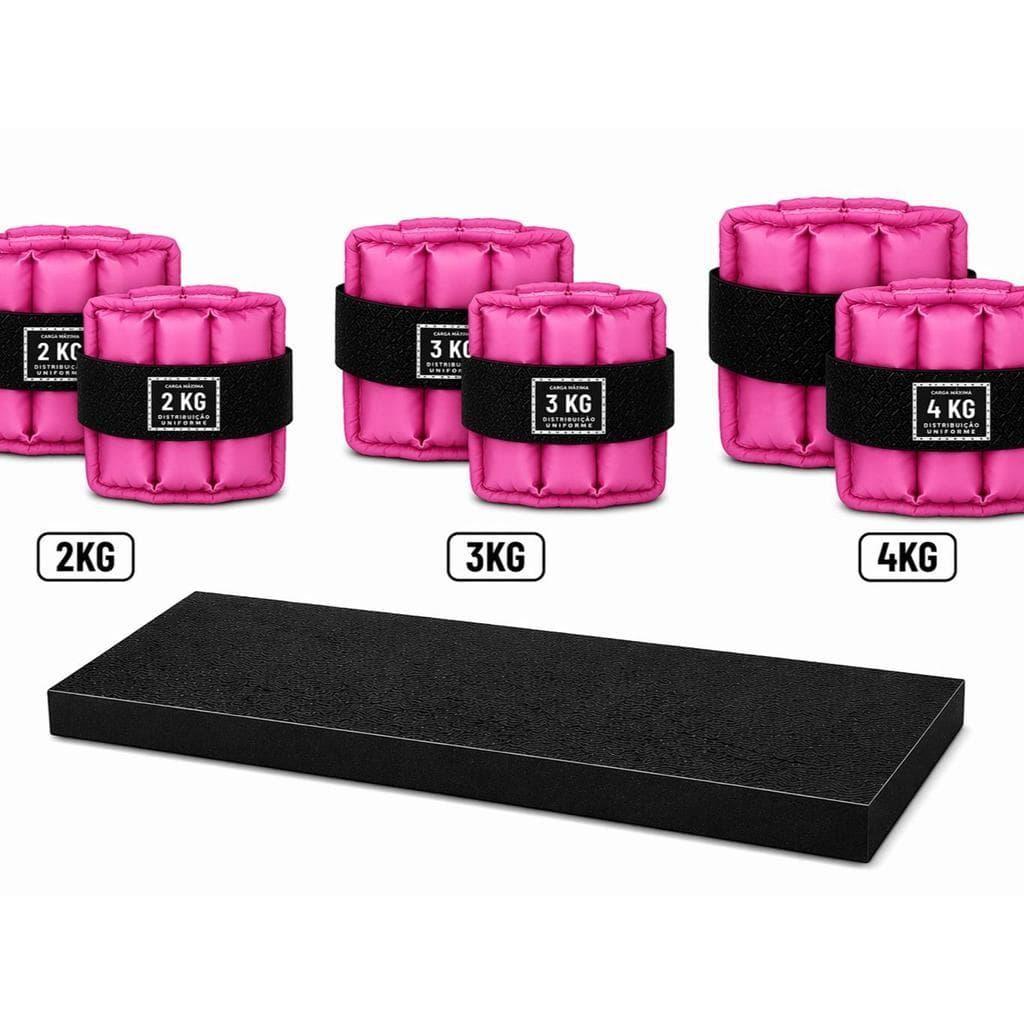Kit 3 Pares Caneleiras Rosa 2kg 3kg 4kg + Colchonete Preto 90x40x3cm Academia Musculação Treino