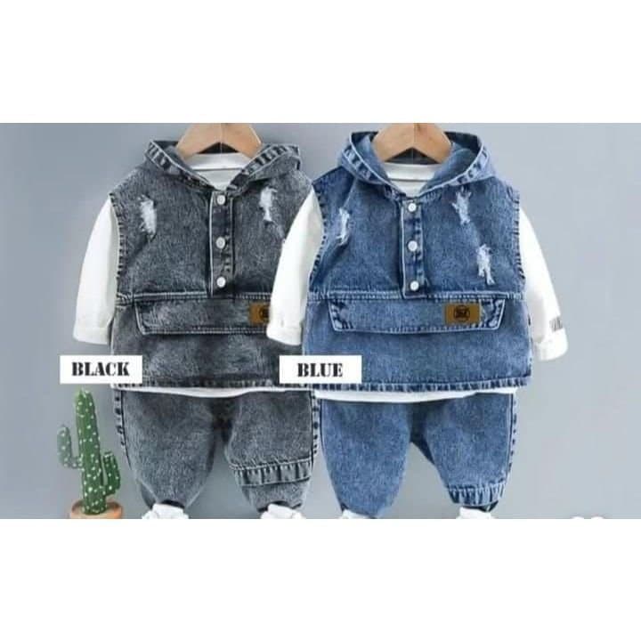 Conjuntos Infantis 1-5 Anos 3 em 1 Colete Jeans com Botões/Calças/Roupas LLMG