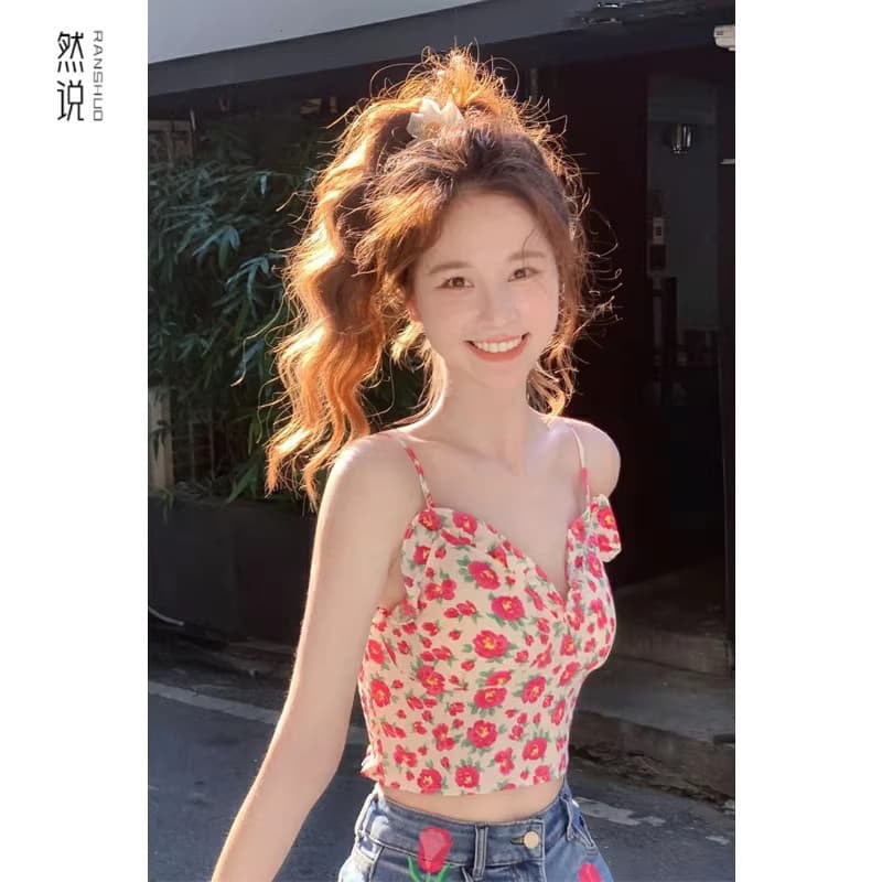 Francês quente menina Floral topo pequeno Design sentir nicho chique doce picante pequeno colete estilingue feminino ver