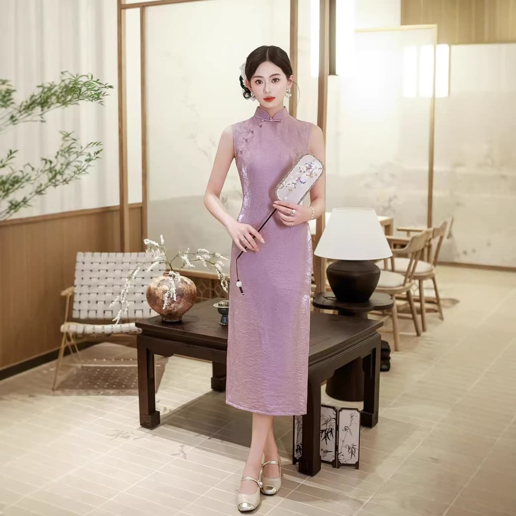 Perfumado Taro roxo sem mangas padrão escuro Jacquard melhorado Cheongsam Retro estilo republicano longo temperamento su