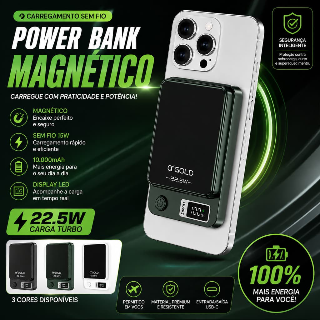 CARREGADOR BATERIA POWER BANK 10000mah INDUÇÃO UNIVERSAL 22.5W ORIGINAL—AGOLD