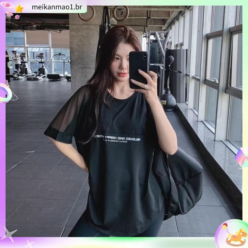 Verão gelo seda estilo fino tamanho grande Fitness 150kg topo solto Yoga Wear gaze costura de manga curta esportes camis