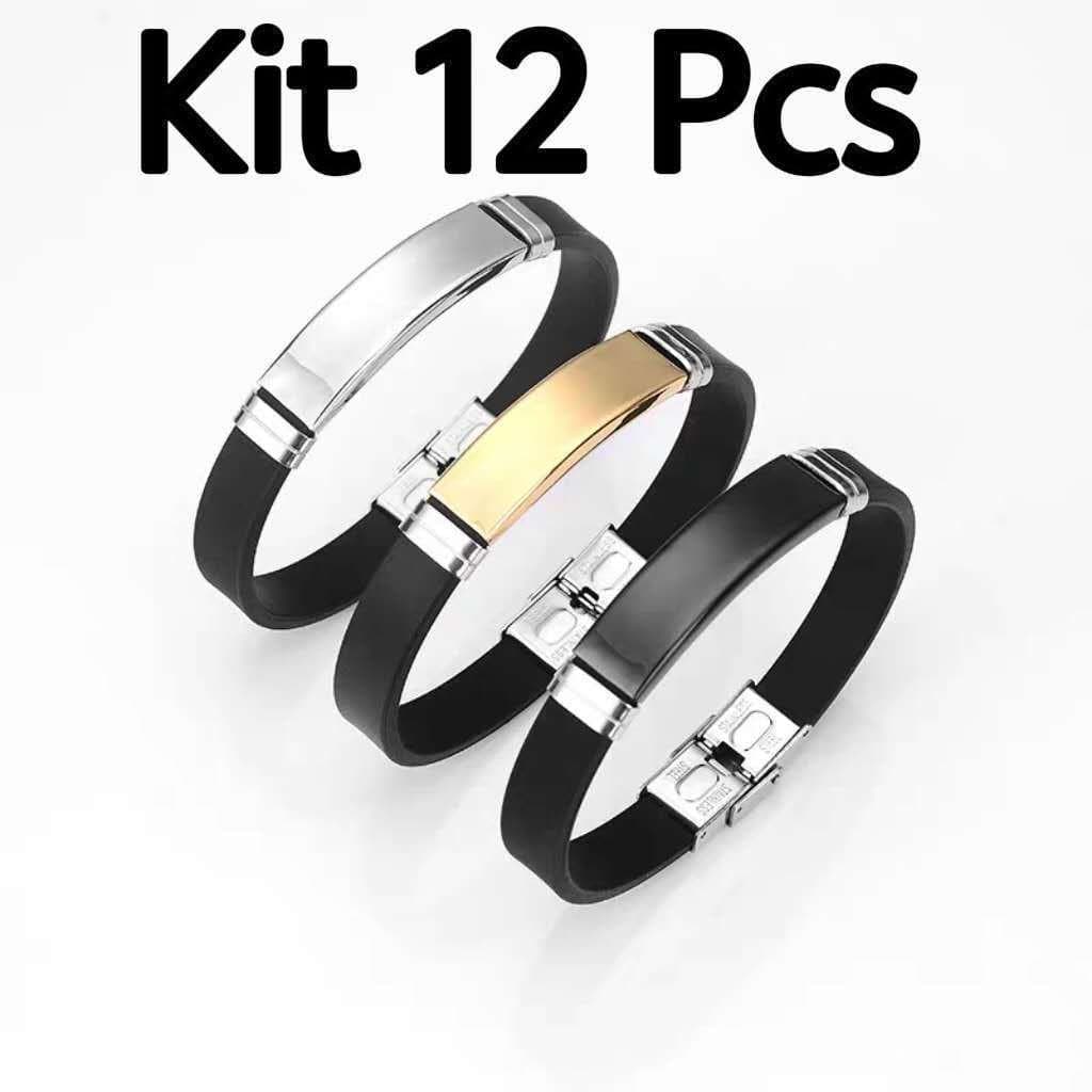 12 pulseiras masculinas de borracha com placas de aço inoxidável