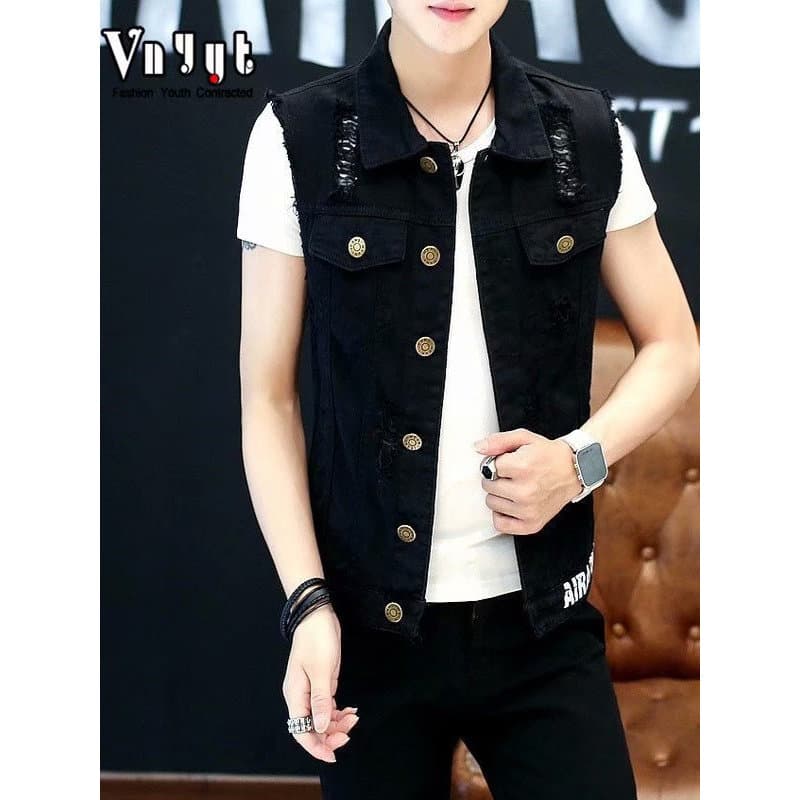 Colete jeans masculino versão coreana sem mangas colete outono fino-ajuste denim colete boate masculino rufião bonito ra