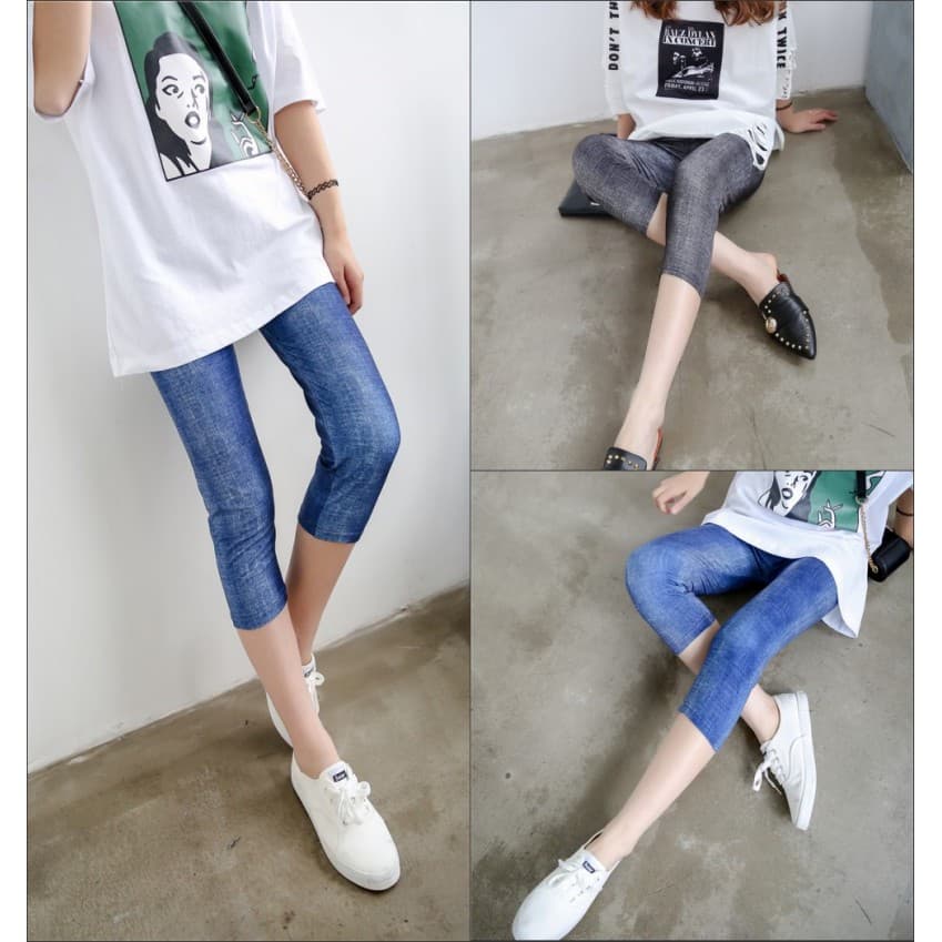 Verão exterior usar calças cortadas imitação Denim xadrez impressão Leggings finas fino ajuste mais magro olhar elástico