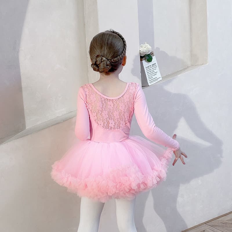 Vestido de Ballet Infantil de Novo Estilo, Manga Longa, Vestido de Prática para Meninas, Rosa Chinês, Algodão Puro, Mode