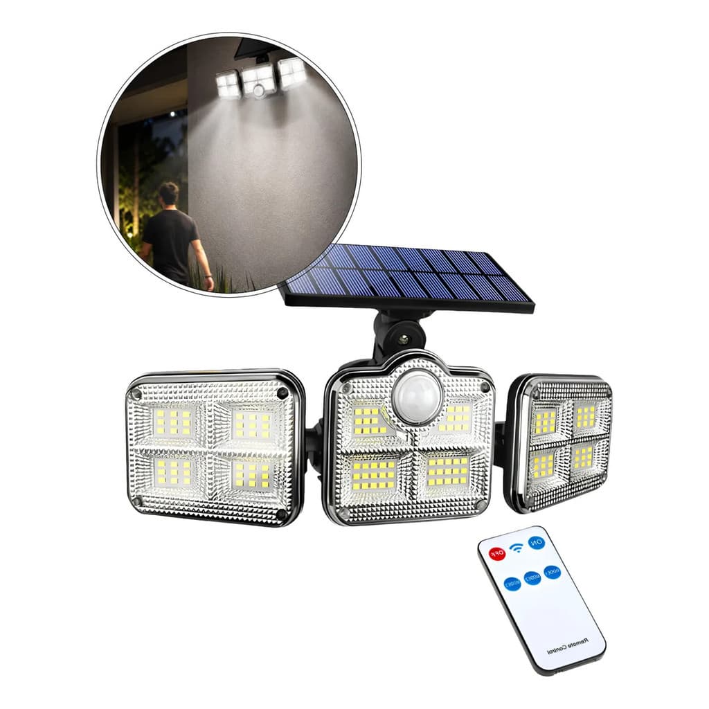 Luminária Refletor Solar LED 3 Cabeças com Sensor IP65 à Prova D’Água Jardim Branco Frio