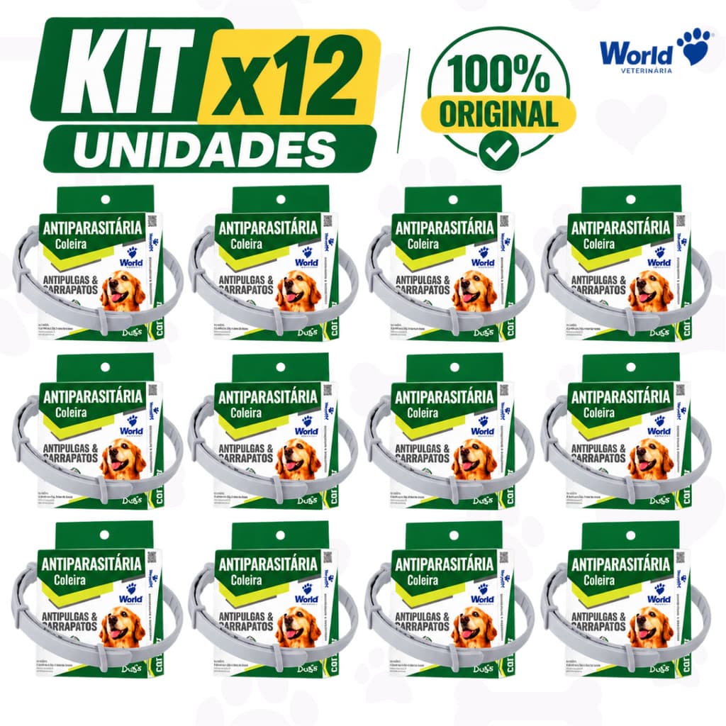 12 Coleiras Antipulgas e Carrapatos Antiparasitária World Veterinária Para Cães Dugs Dog