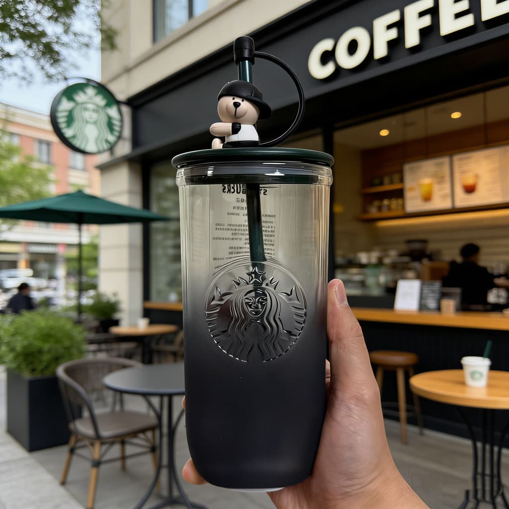 Copo de palha de vidro gradiente série Starbucks Ink com plugue de palha de urso antipoeira Copo triangular Copo de café
