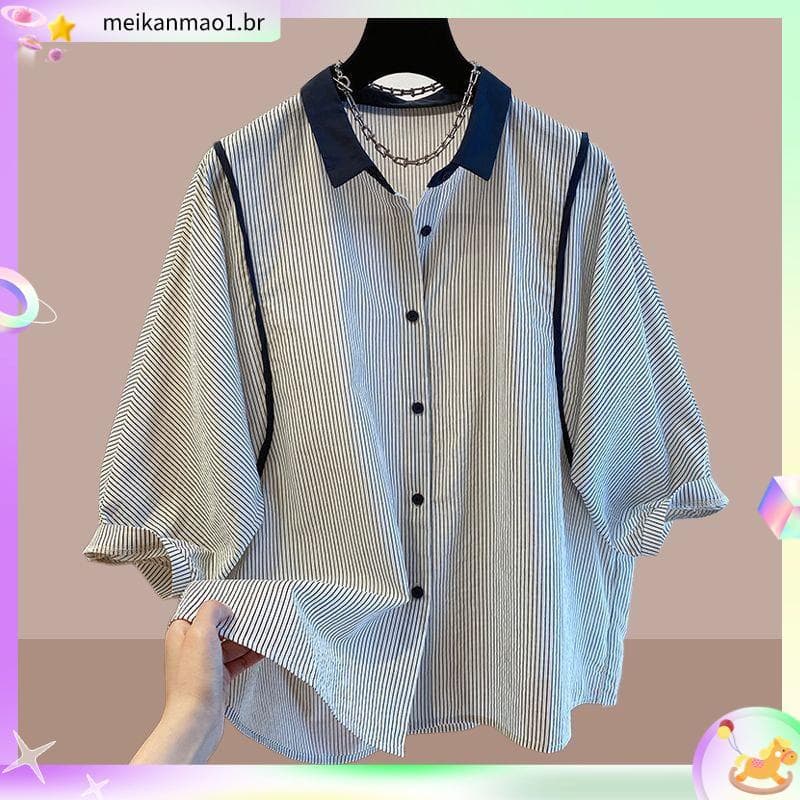 2026 verão listrado contraste cor Design Retro Plus Size gordura MM camisa topo novo estilo lapela manga curta moda roup