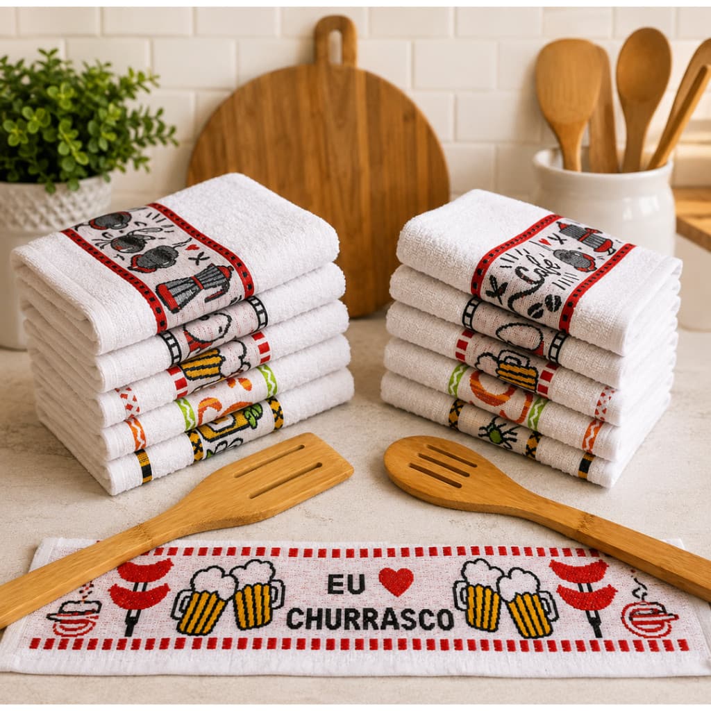 Kit 12 Pano de Prato Copa Desenho Jacquard Gourmet Atoalhado Felpudo 50x70 cm 100% Algodão