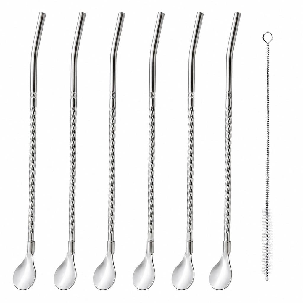 Kit 6 Canudos Inox com Colher Bailarina Reutilizável para Drinks Sucos e Bebidas
