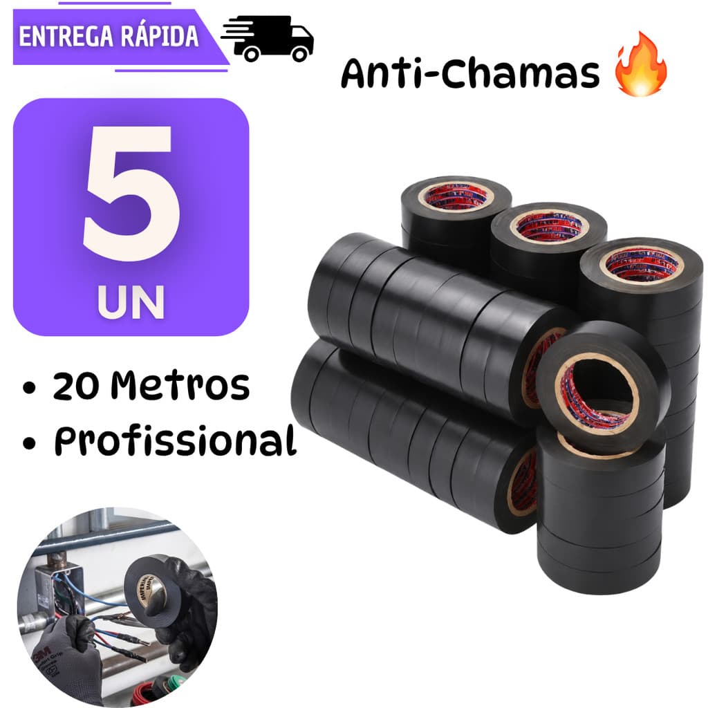 5 Fita Isolante Preta 20 metros Antichama Instalação Elétrica Alta Resistência Profissional Fitas Silver Cabos e Fios