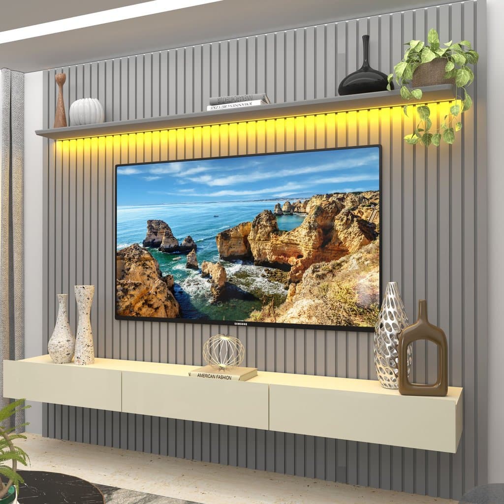 Rack com Painel para TV até 90 Polegadas 100% MDF Ripado com LED e 3 Gavetas 250CMX228.8cm Nobre Cinza Cinza/Off White