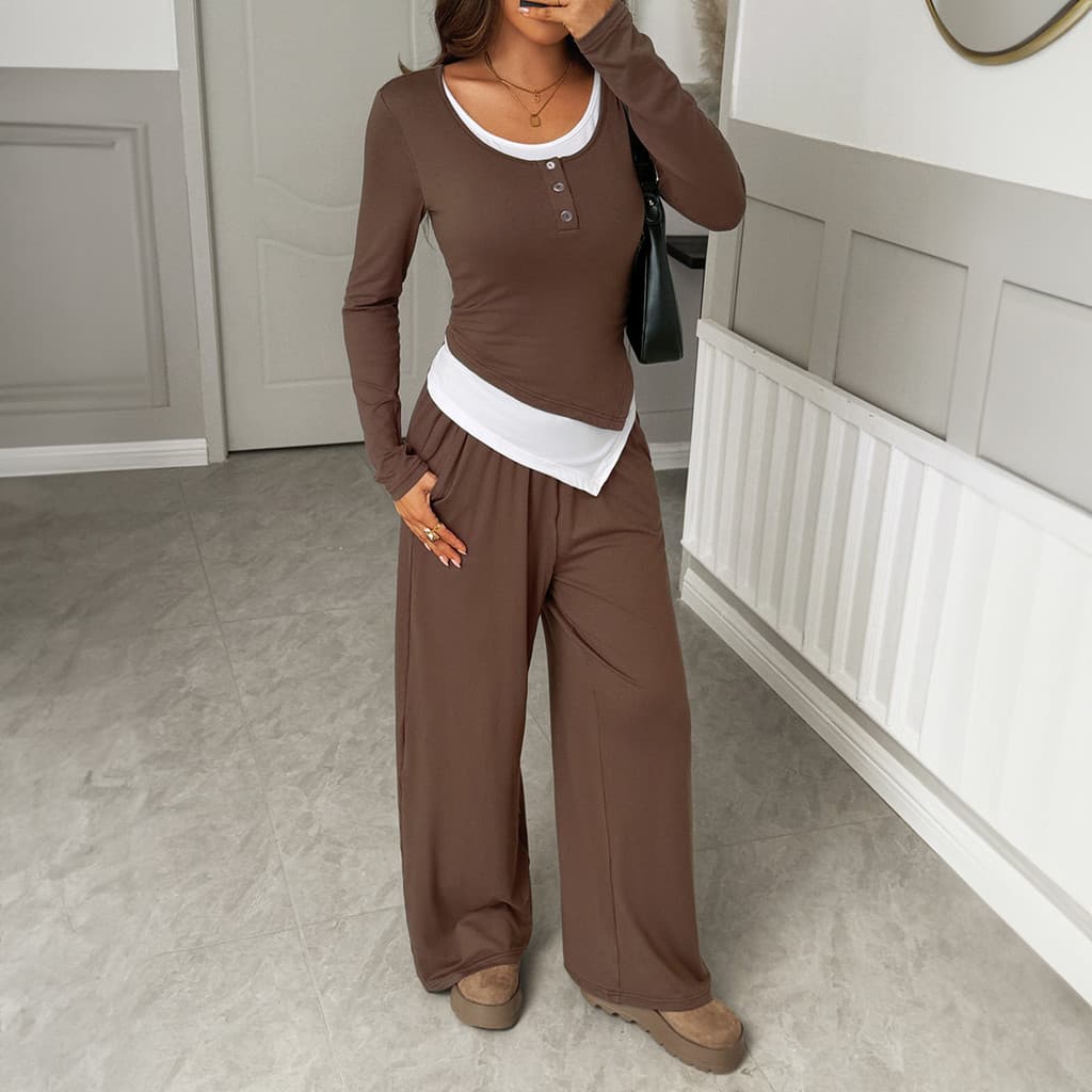 conjunto feminino Cor Sólida Manga Comprida casual Camiseta Temperamento Calças Compridas De Duas Peças